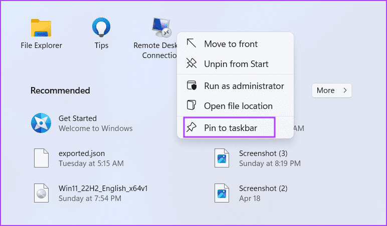 Pin remote desktop connection to Taskbar