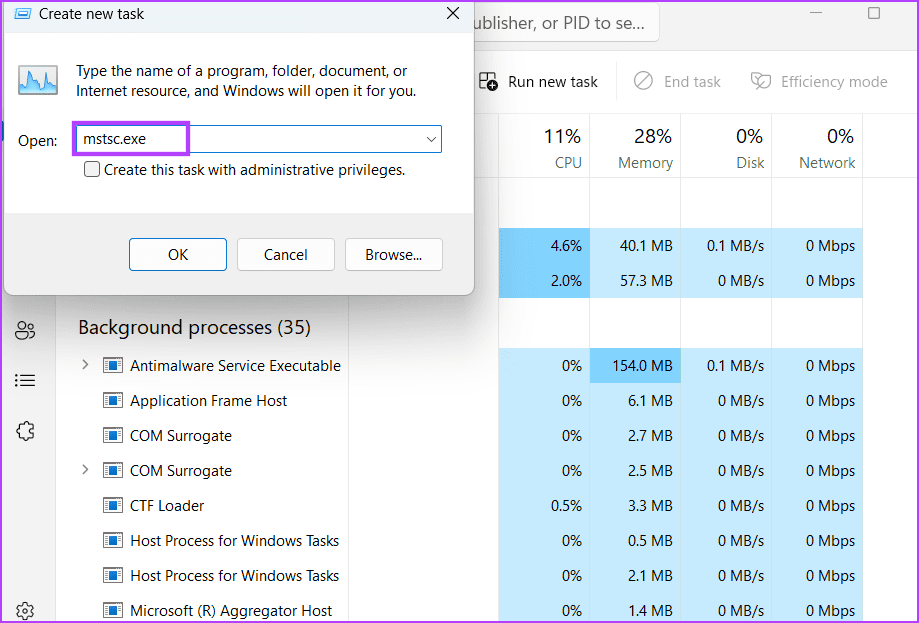 Run new task window in Task Manager