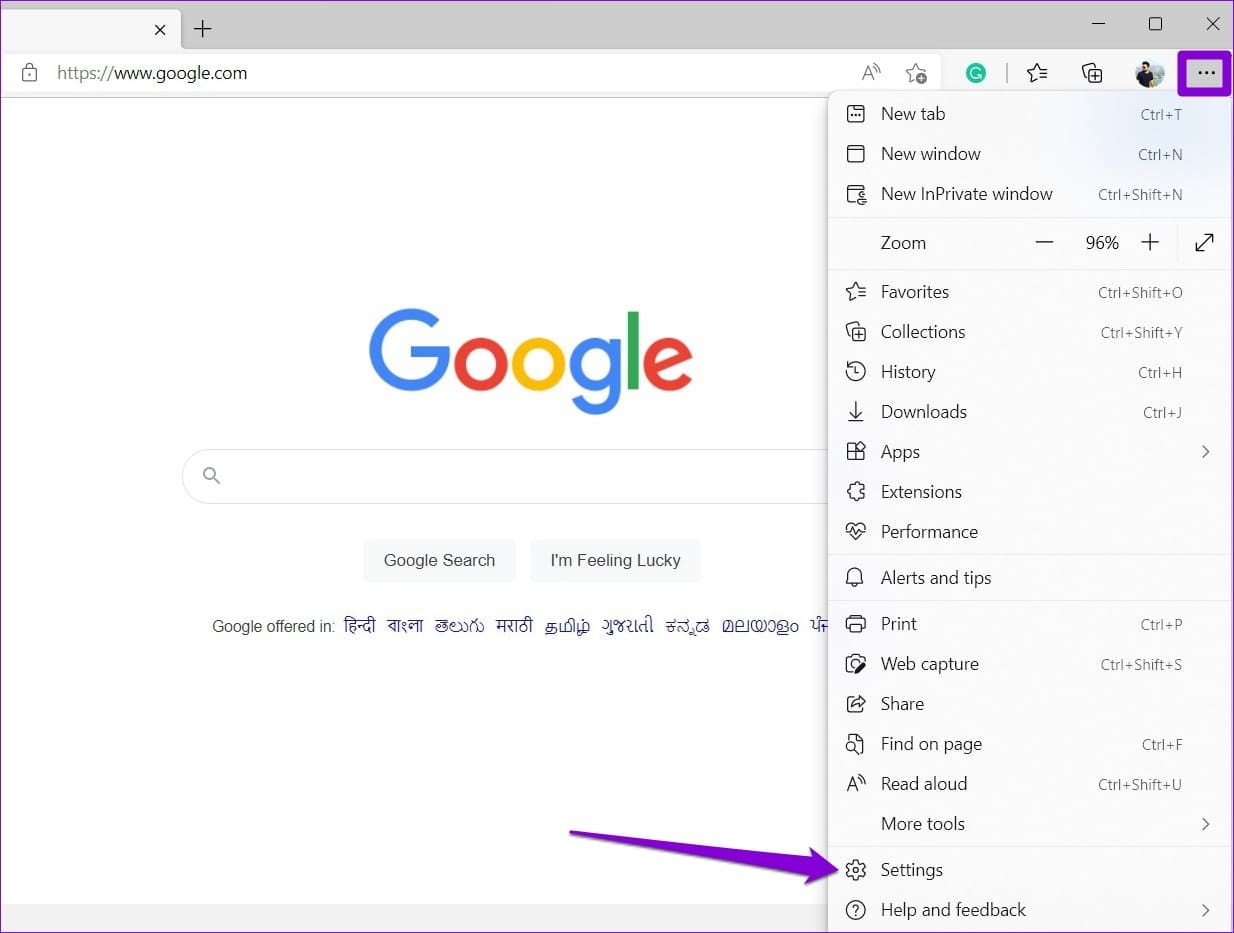 Open Settings on Edge