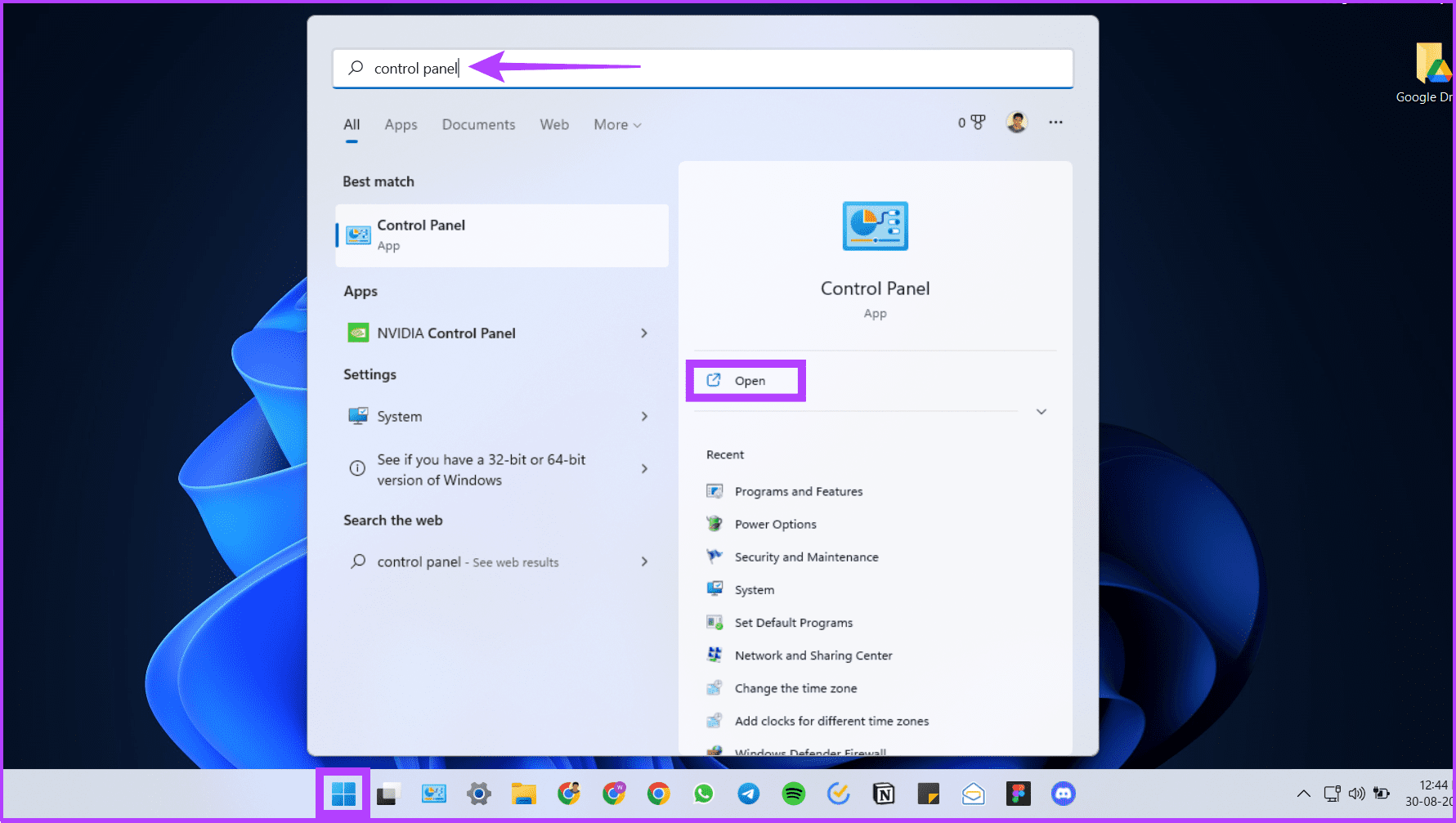 Open Control Panel using Windows Search