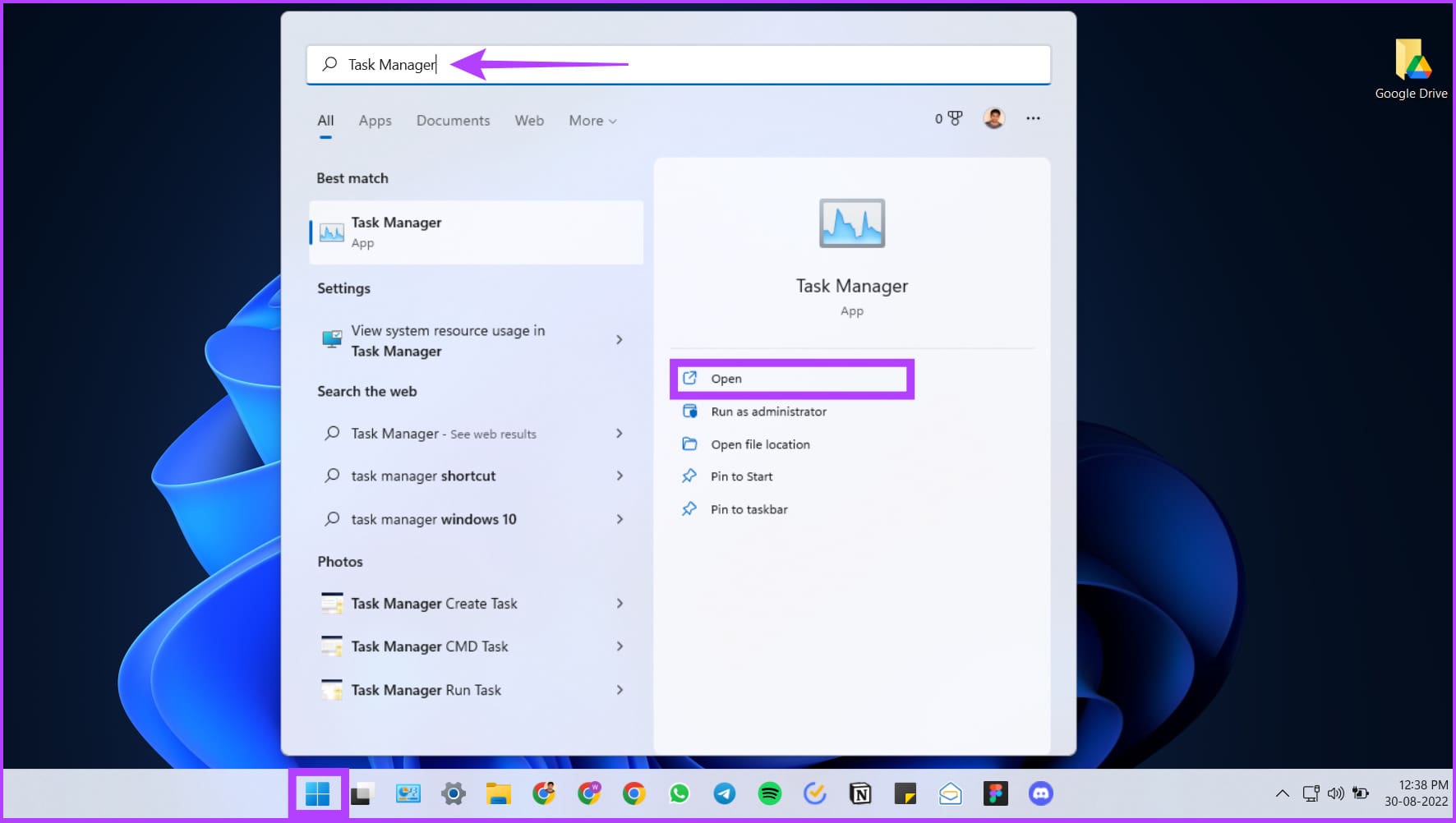 Click on Windows Search to Open Task Manager