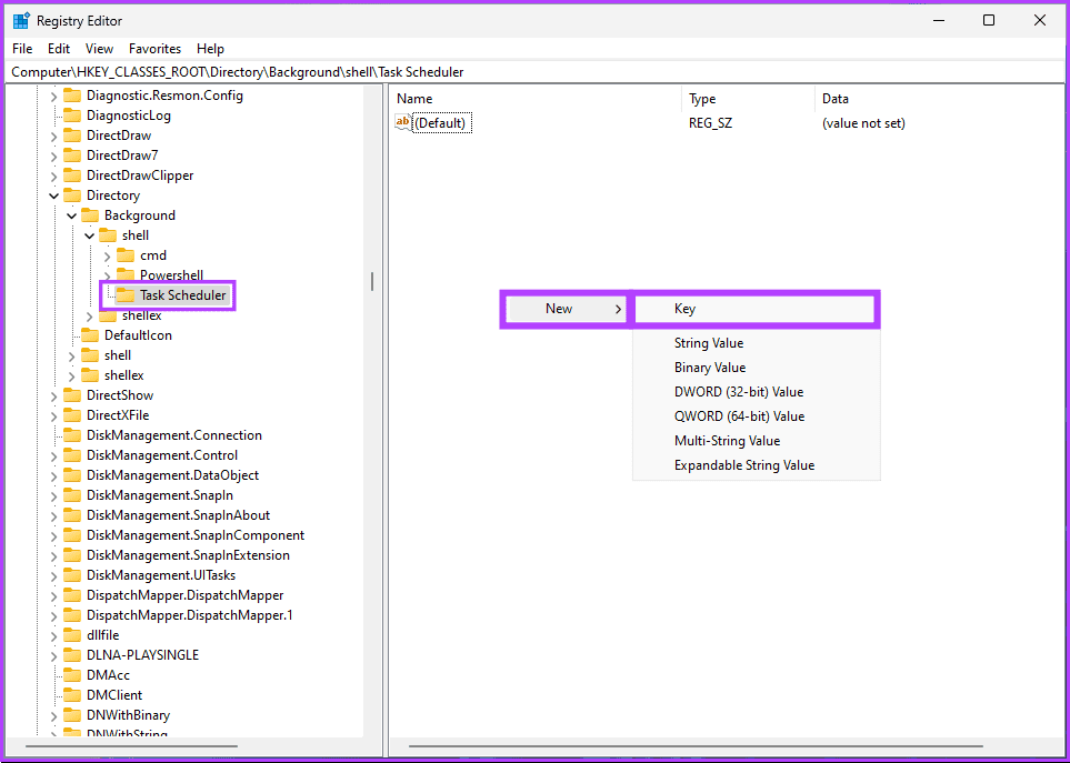 Task Scheduler folder, right-click, select New, and choose Key