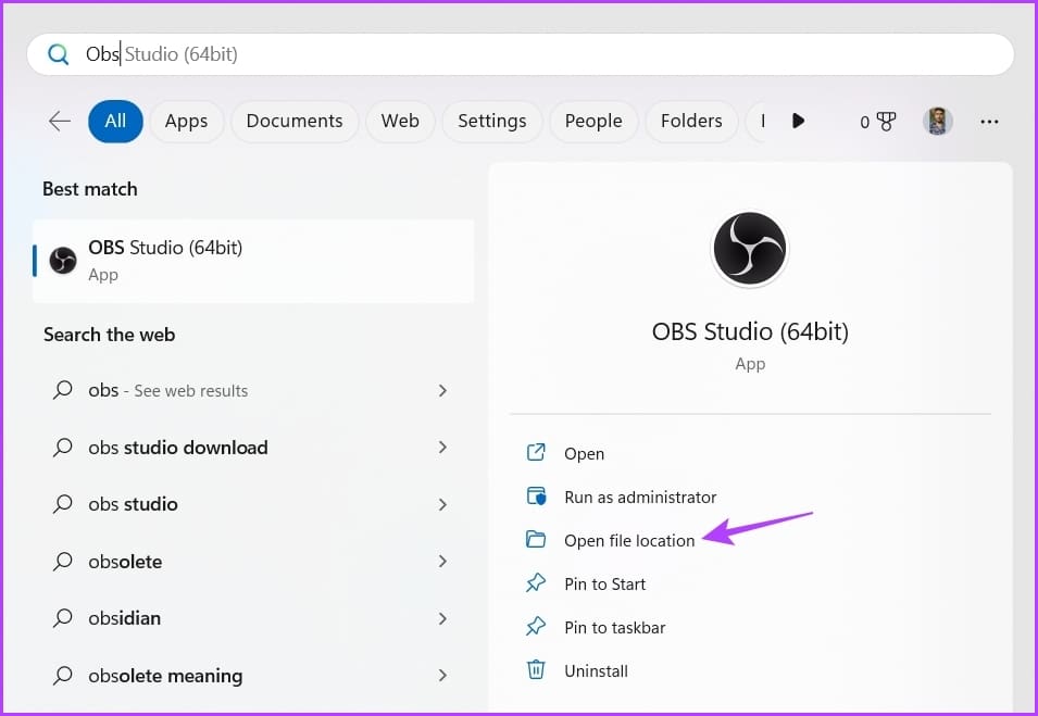 Open file location in Start menu