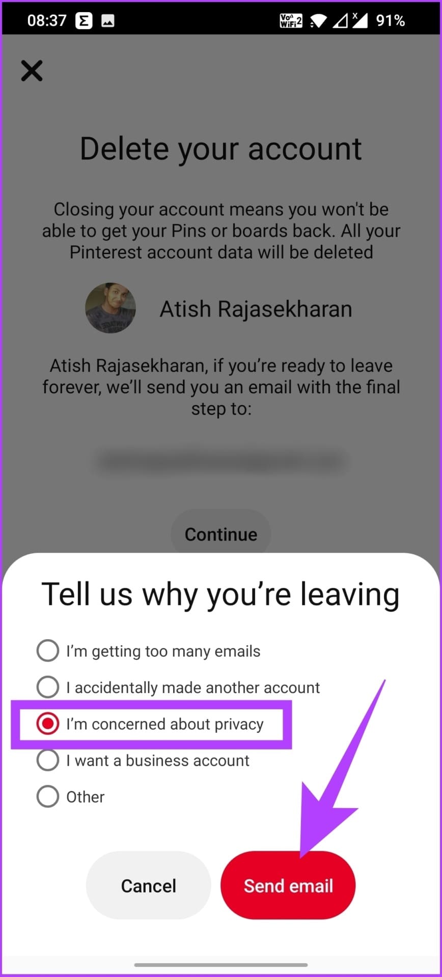Open it and click on ‘Yes, delete account’ button