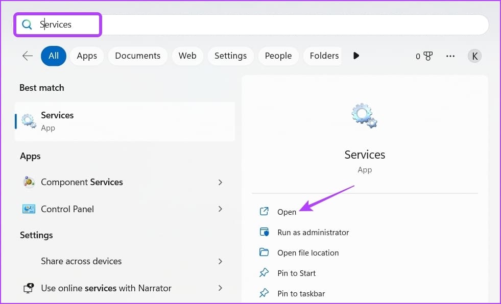 Open option of Windows Search
