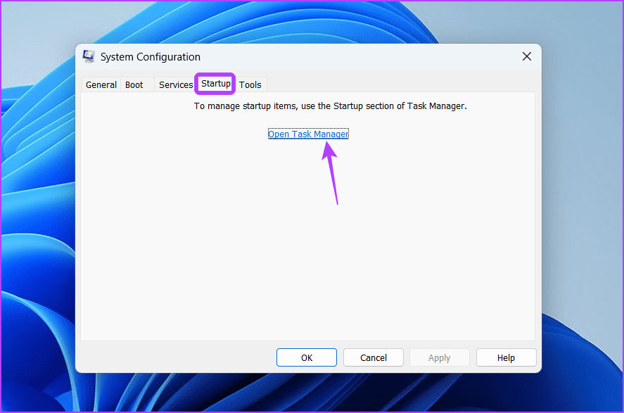 Open task manager option in msconfig