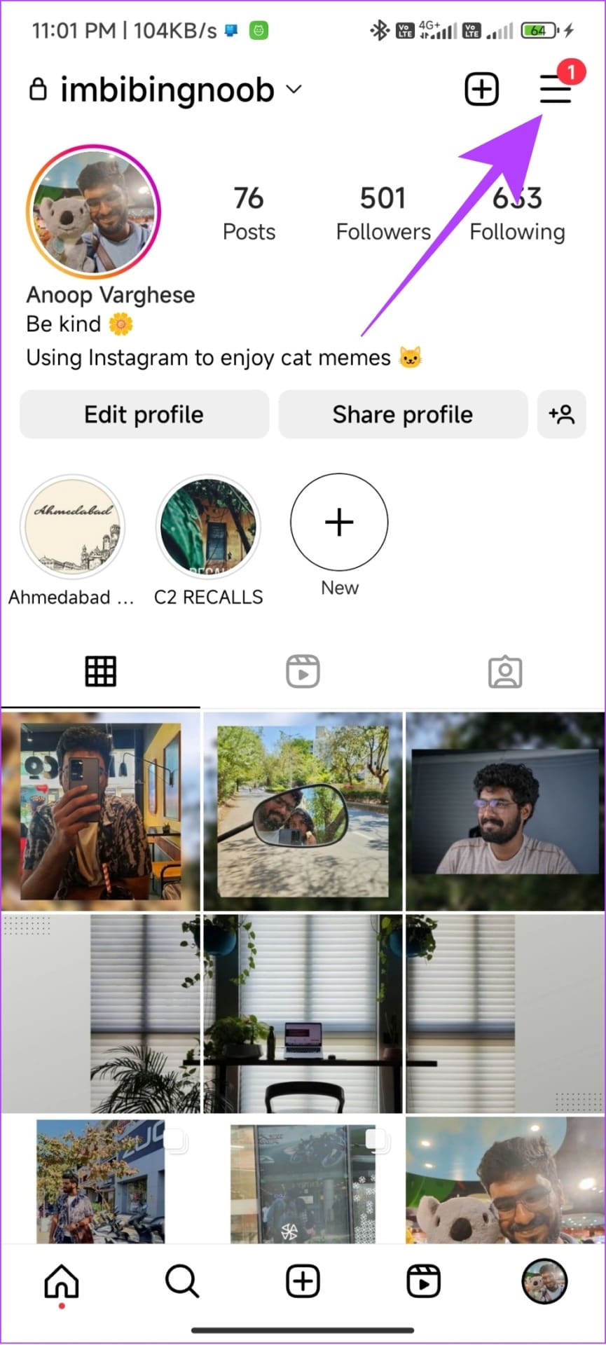 Open the hamburger menu on Instagram