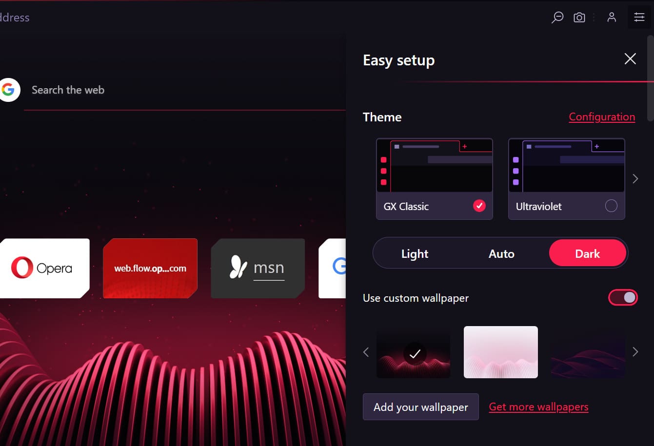 Customization Settings Opera GX