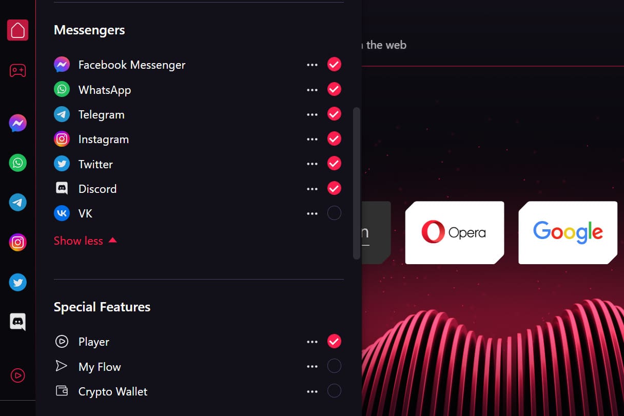 Social Media and App Integration Opera GX