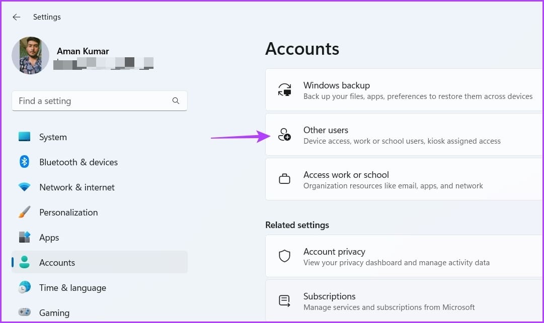 Other Users in Windows Settings