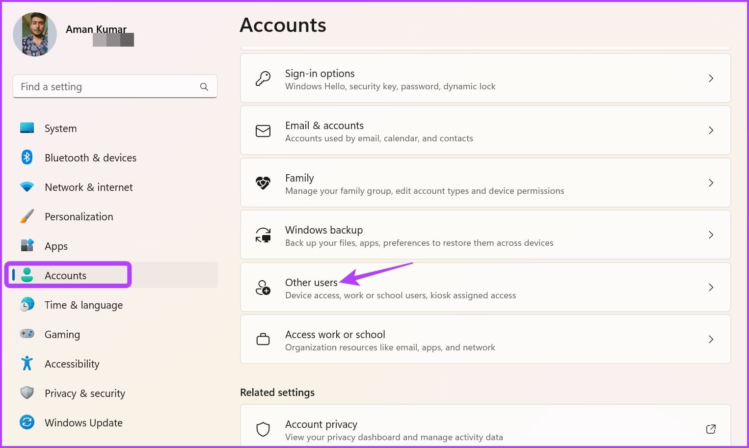 Other Users option in Settings