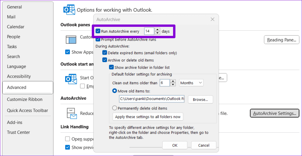 Outlook AutoArchive Settings