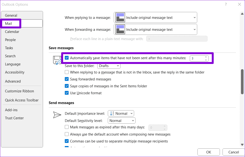 Outlook Draft Settings