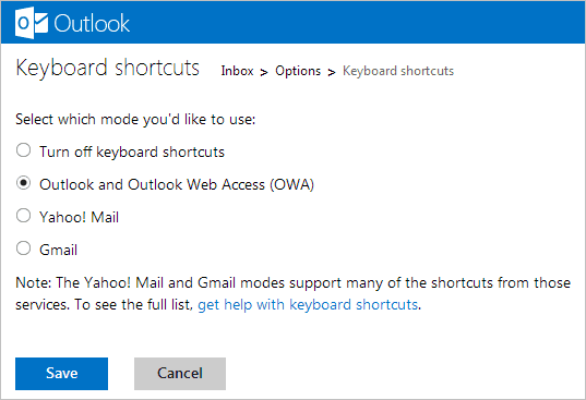 Outlook Shortcut Options