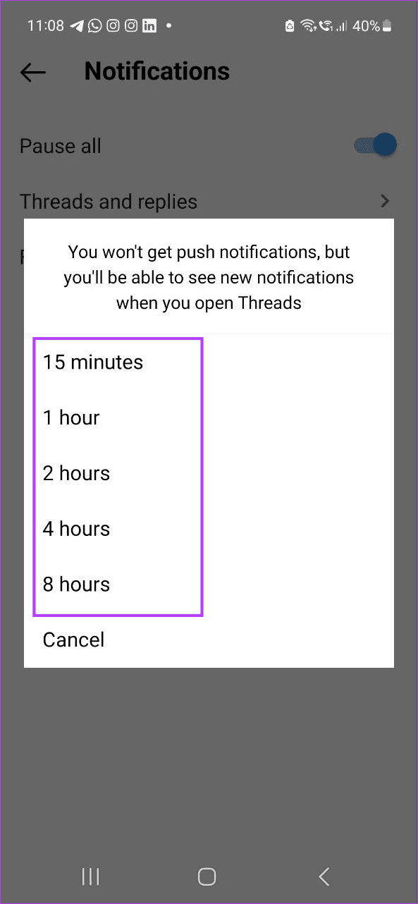 Tap on the relevant pause duration