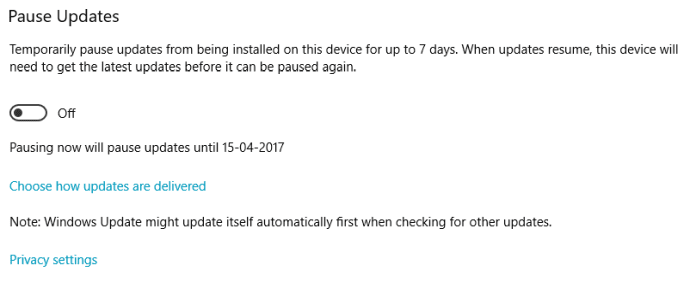 Pause Updates Win10