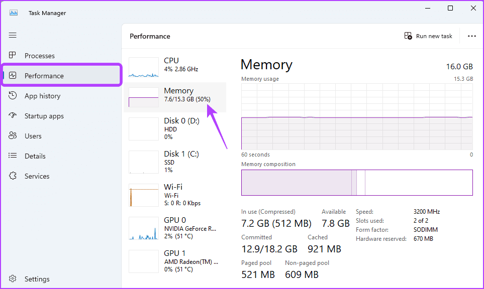 Performance option in Task Manager