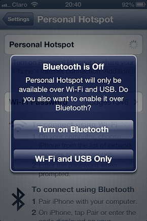Personal Hotspot Bluetooth