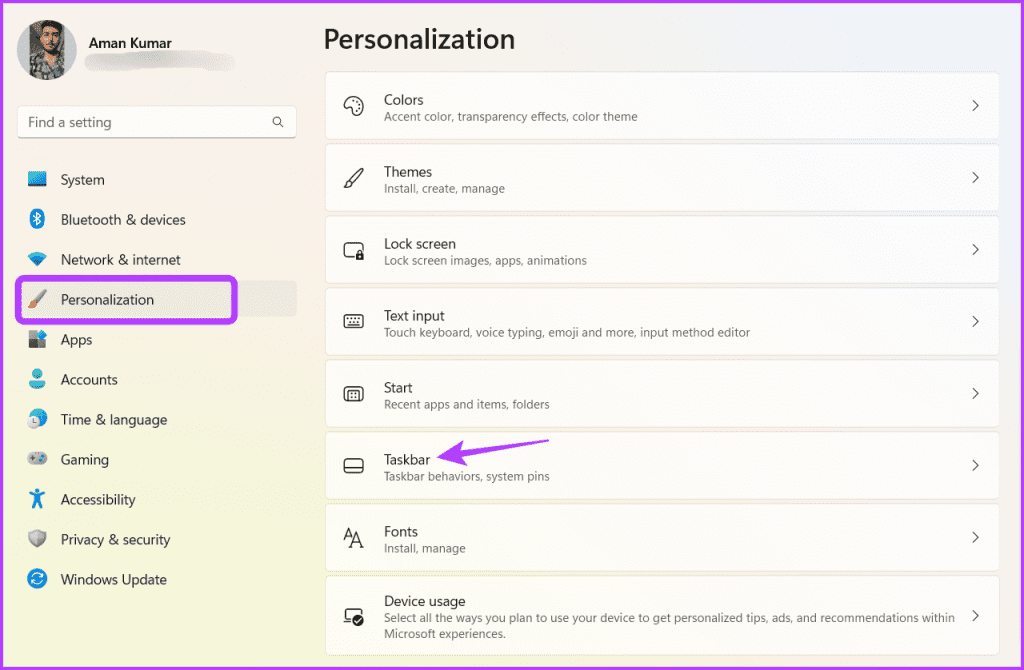 Personalization option in Settings app