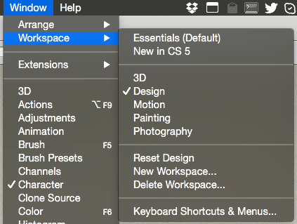 Photoshop Workspaces Menu