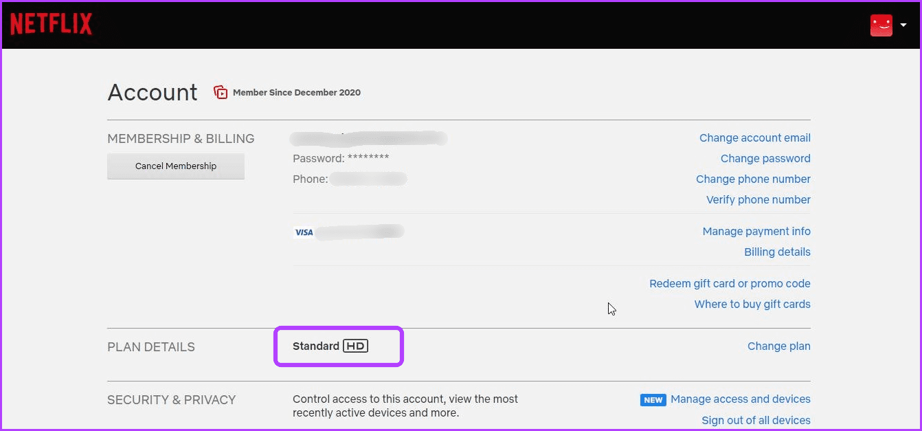 Plan details option in Netflix
