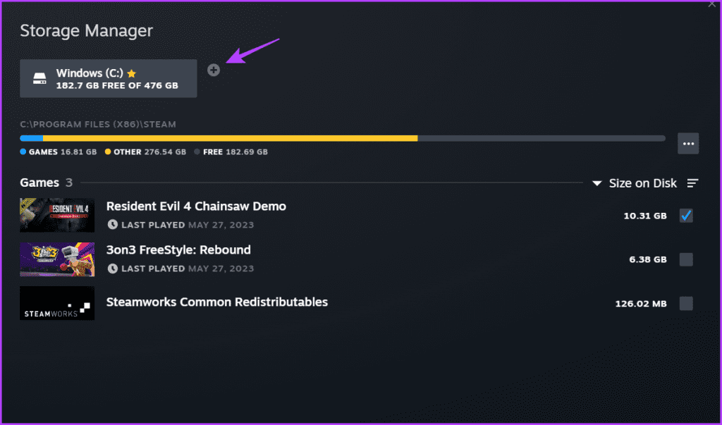 Plus icon (+) in Steam Storage Manager