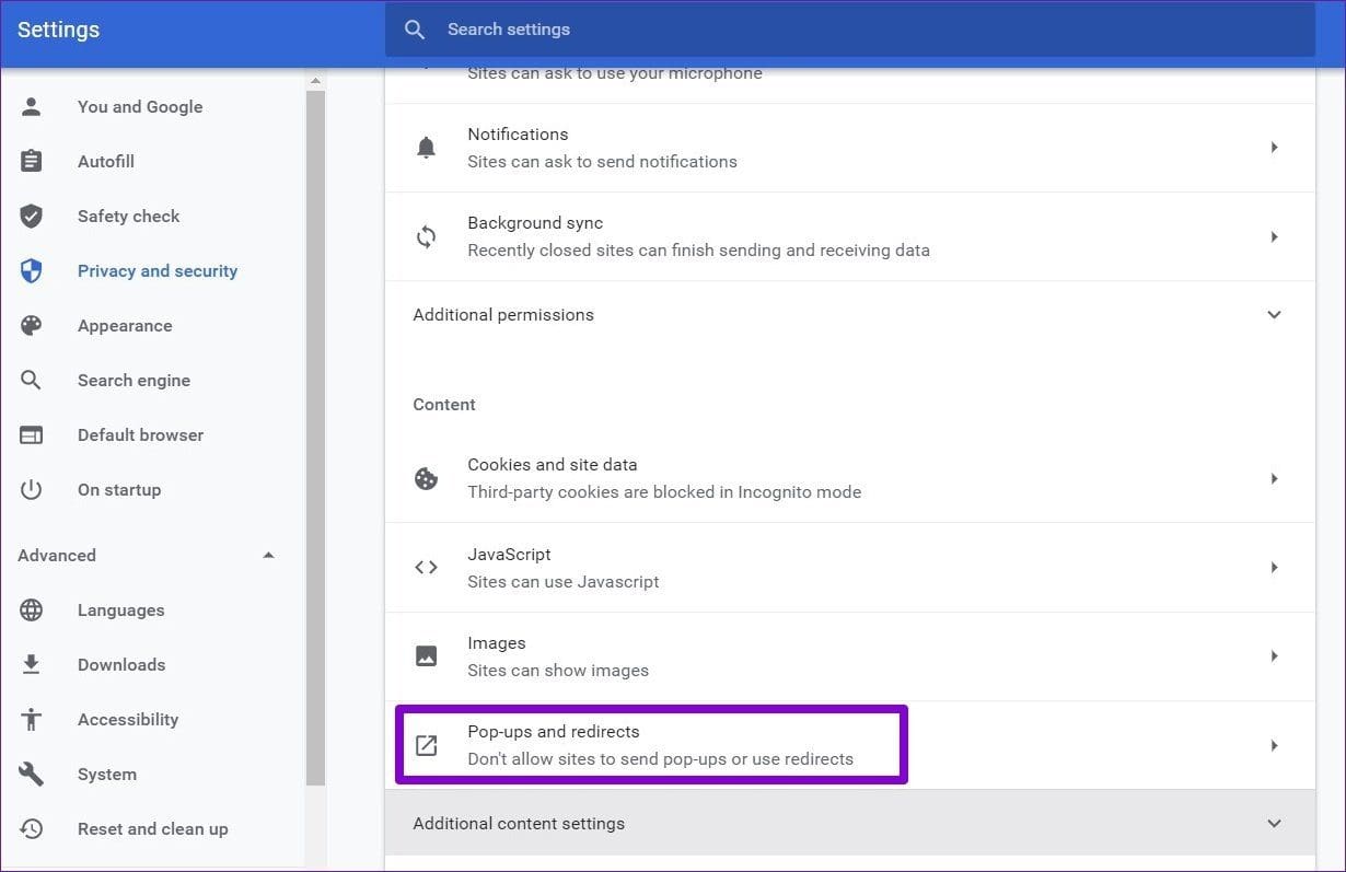 Pop up Setting in Chrome