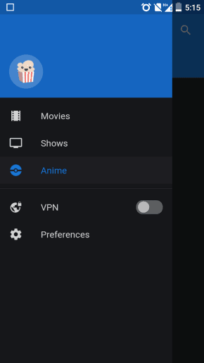 Popcorn Time Sidebar Menu