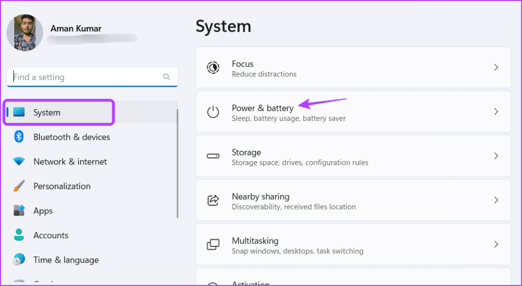 Power & battery option in Settings