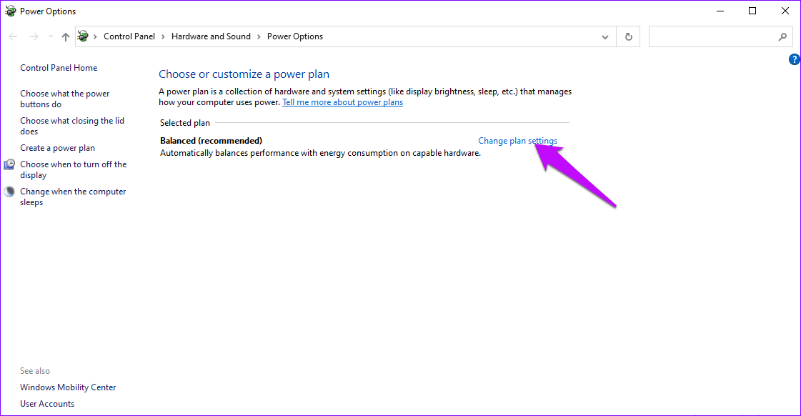 Power options change plan settings