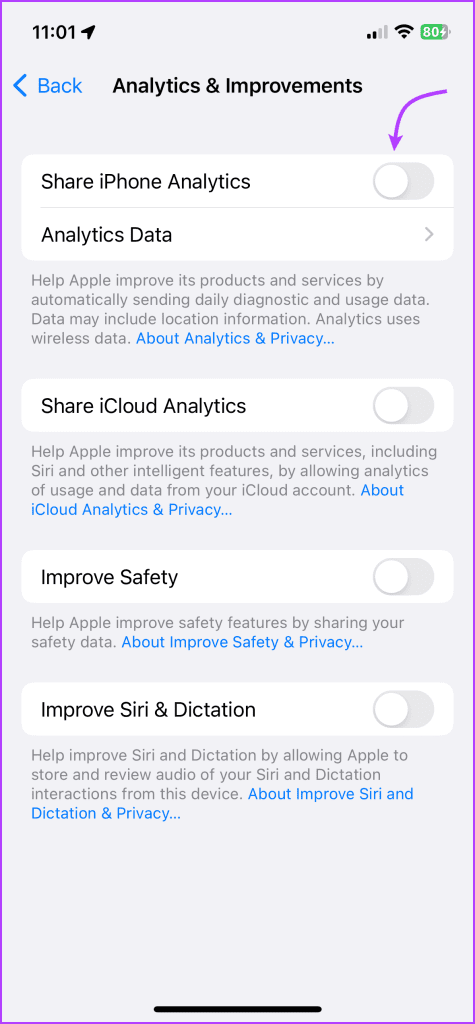 Toggle off Share iPhone Analytics