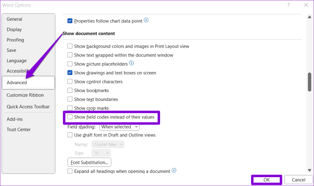 Prevent Word From Showing Field Codes