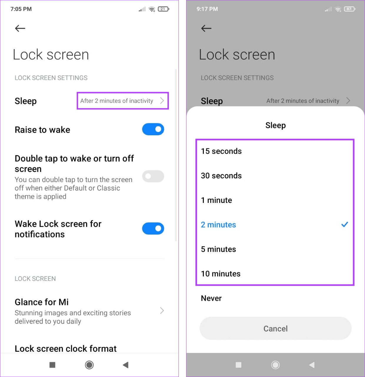 Set screen timeout duration for Android