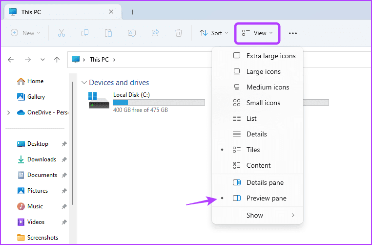 Preview pane option in File Explorer