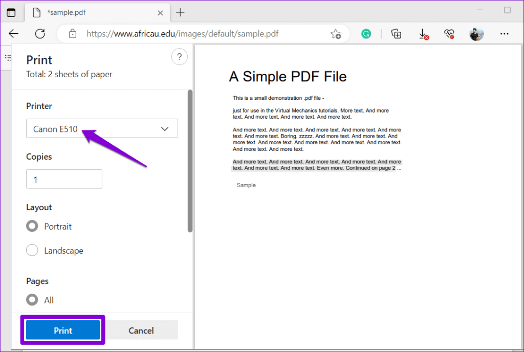 Print PDF Using Edge