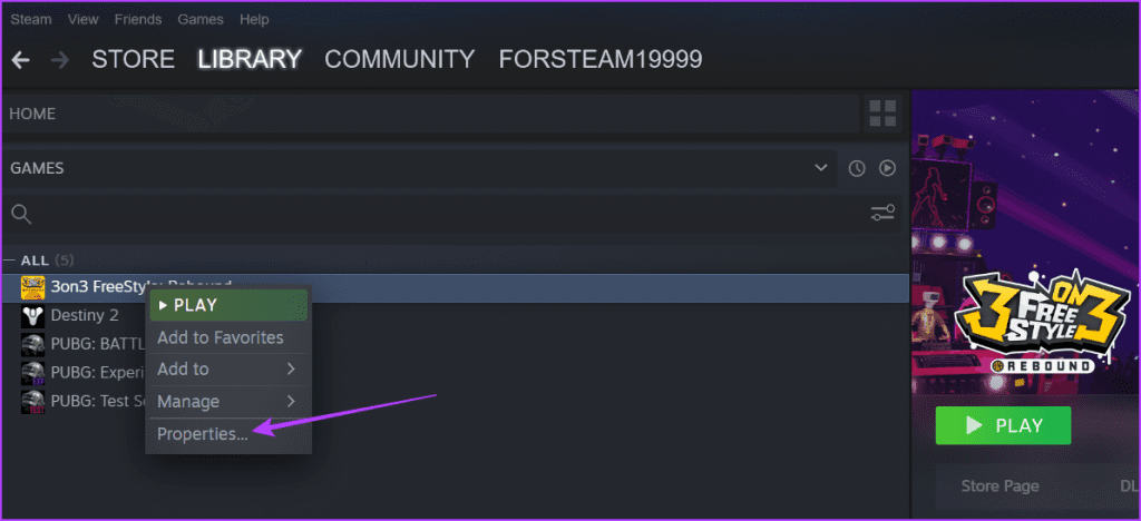 Properties option in Steam