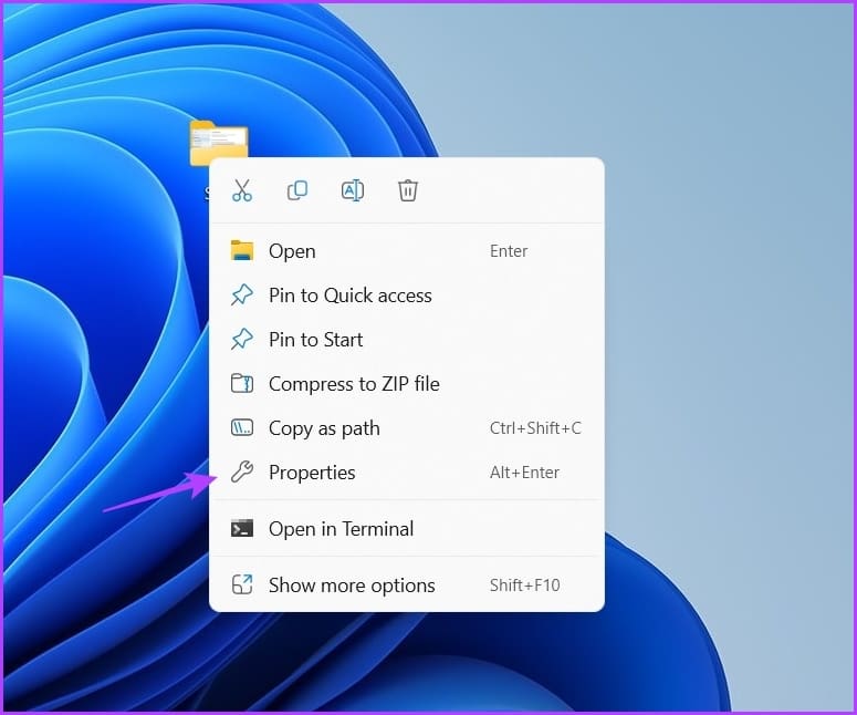 Properties option in context menu