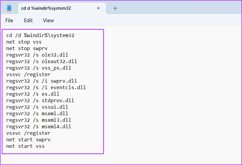 creating a notepad file to reset vss