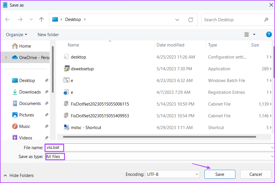 creating a notepad file to reset vss