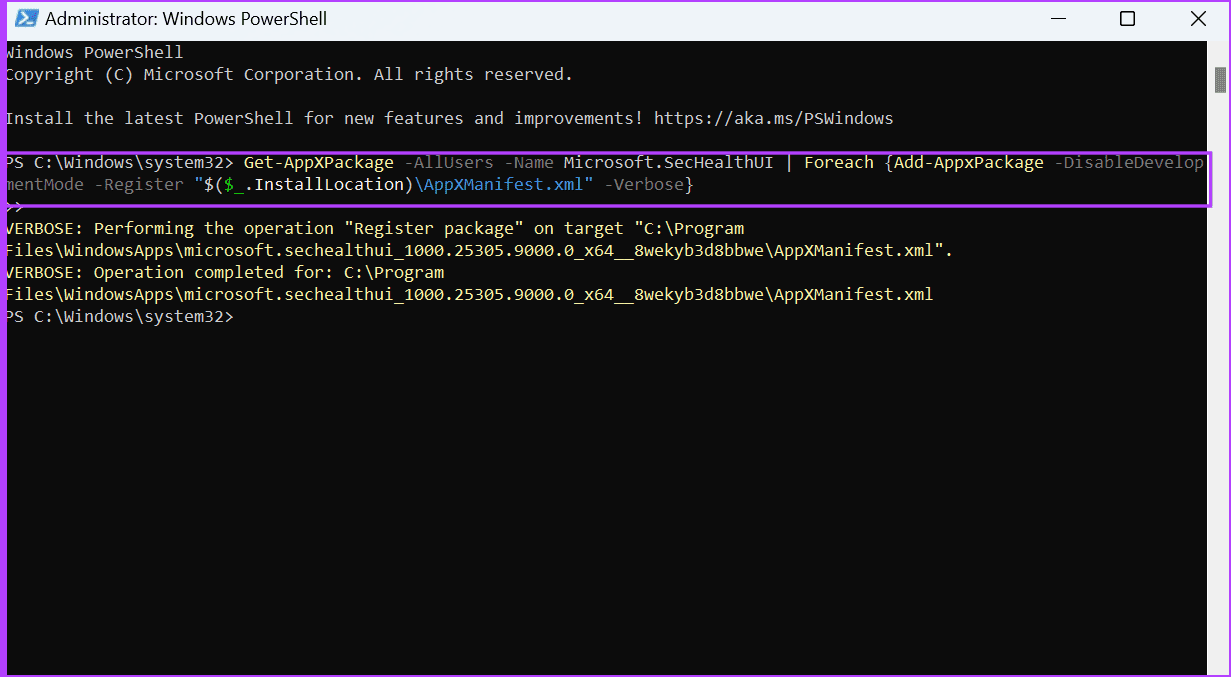 Re-Registering Windows Security App