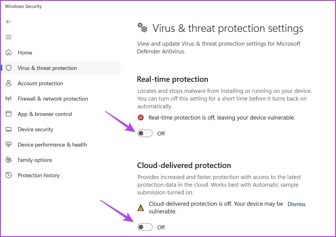 Real-time protection in Windows Security