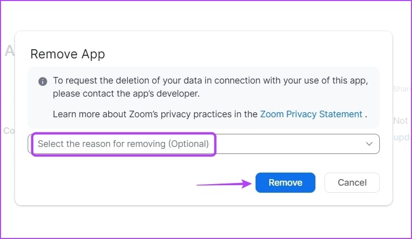 Reason screen of Zoom Marketplace
