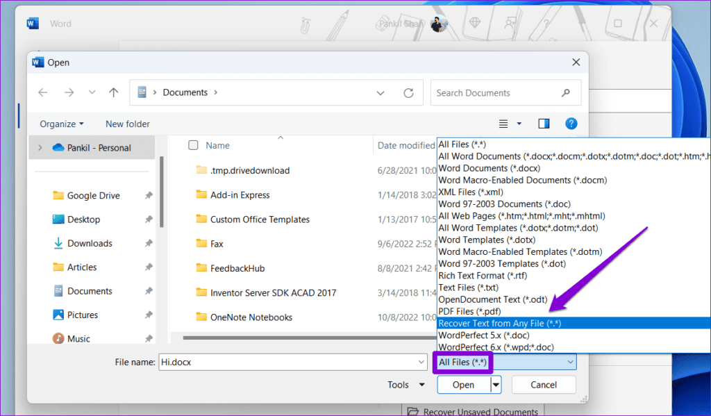 Recover Text From a Word File
