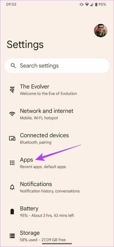 Apps section in settings