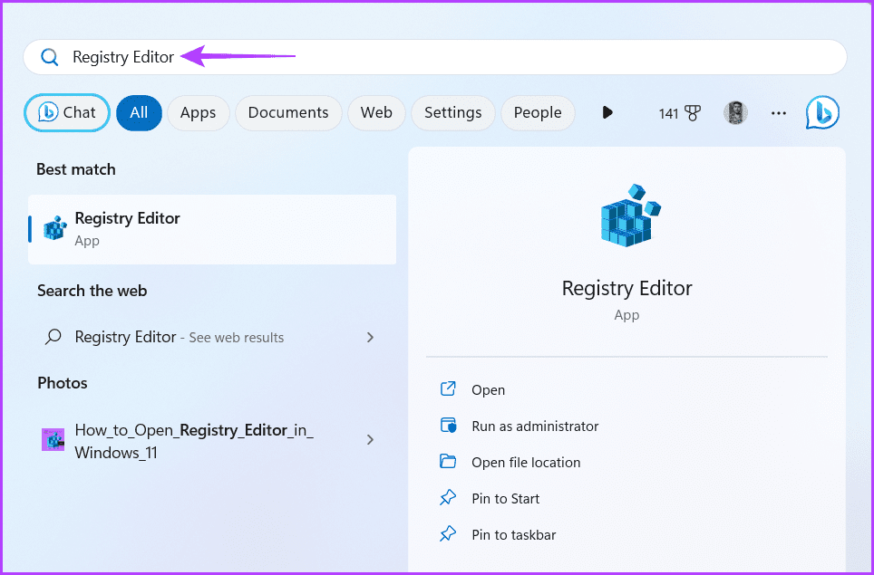 Registry Editor in the Start menu