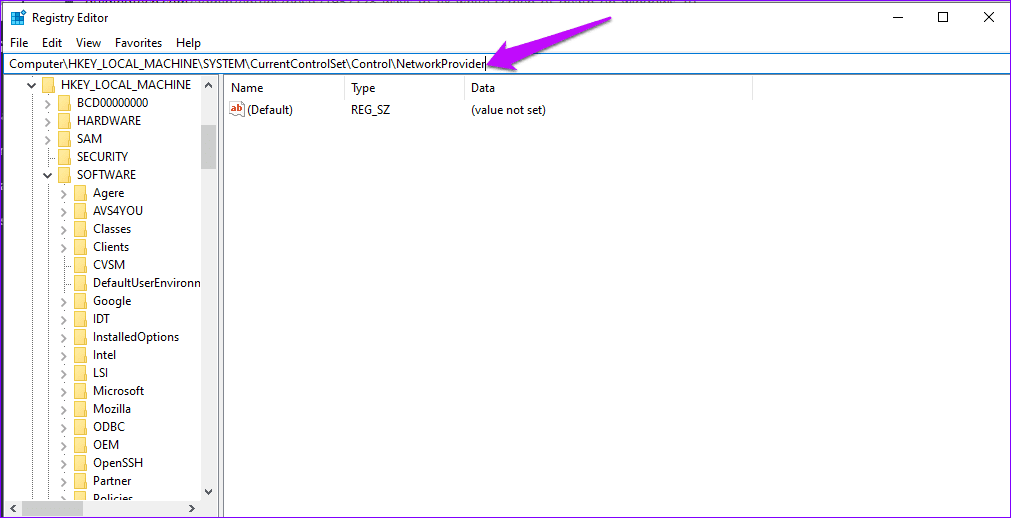 Registry Editor Locate Network Provider
