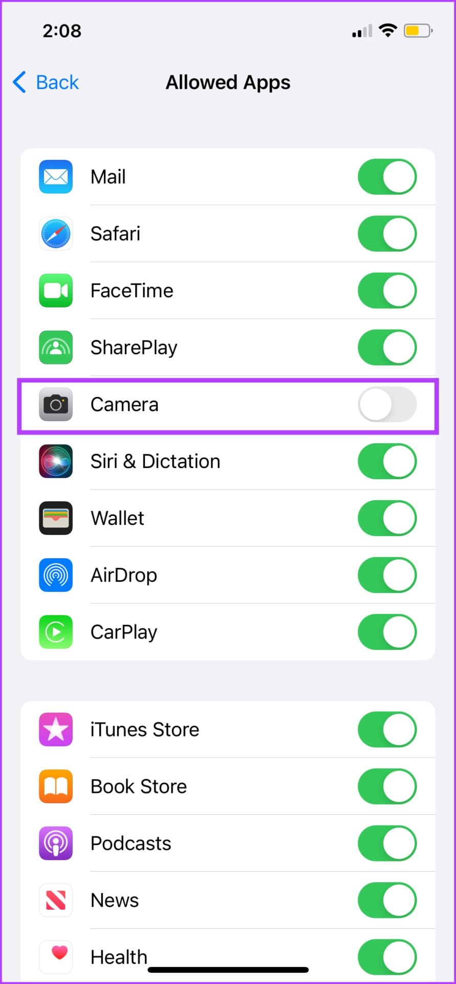 Toggle off Camera