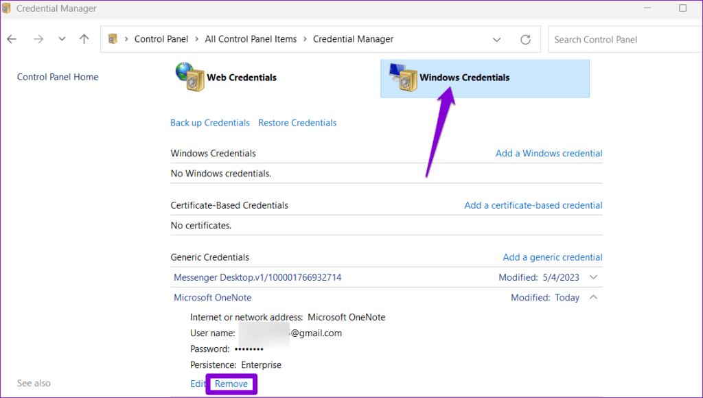 Remove OneNote Credentials from Windows