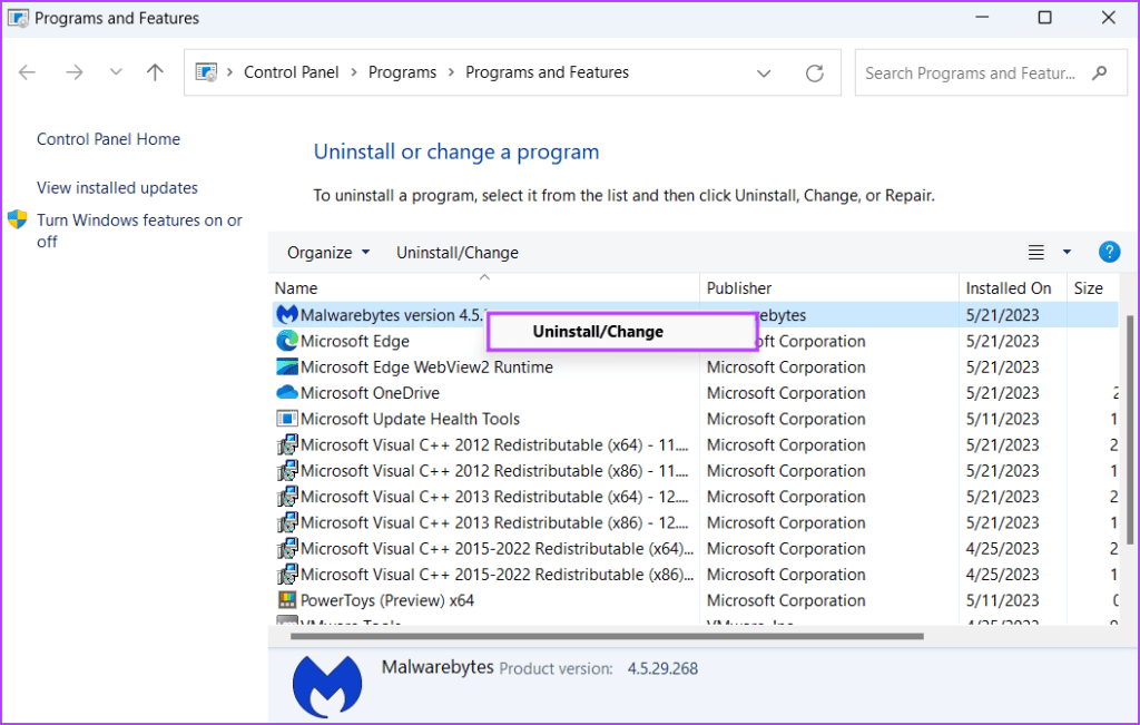 Programs and features window