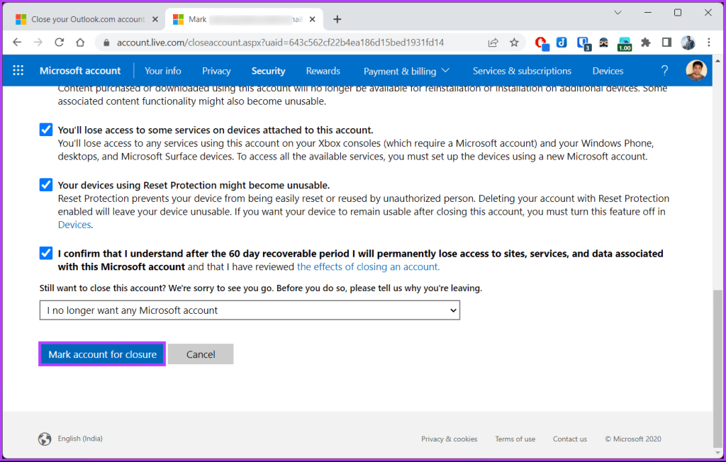 click 'Mark account for closure.'